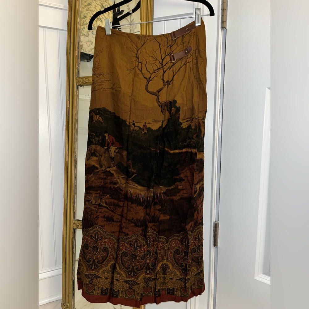 RALPH LAUREN EQUESTRIAN FOX HUNT BROWN WOOL MAXI WRAP SKIRT